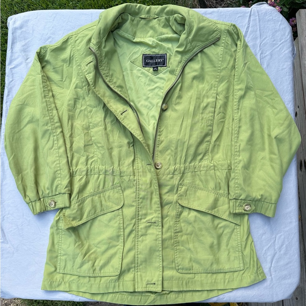 Gallery Women's Medium Utility Jacket Chartreuse Green Cinched Waist Lightweight